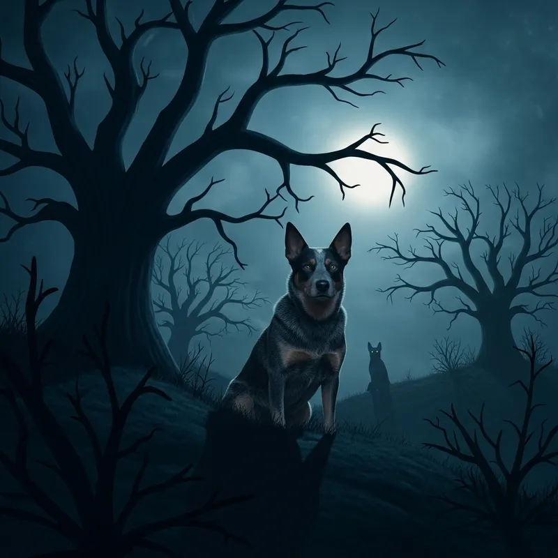 Horror.exe: Blue Heeler Scene Under Creepy Moonlight