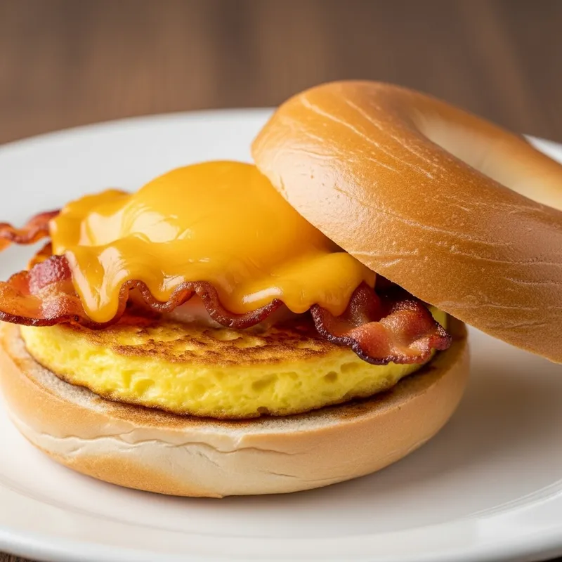 Tasty Bagel with Egg Patty, Crispy Bacon, and Cheddar Cheese