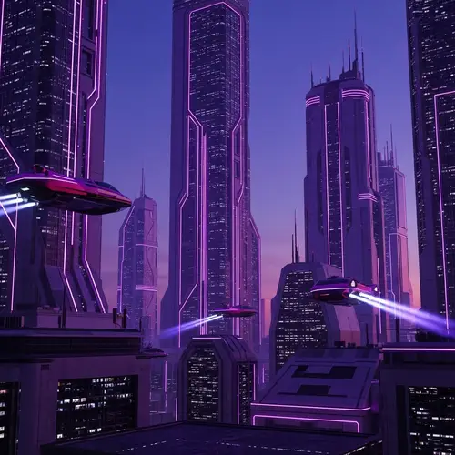 Future Twilight Cityscape with Glowing Purple Neon Lights