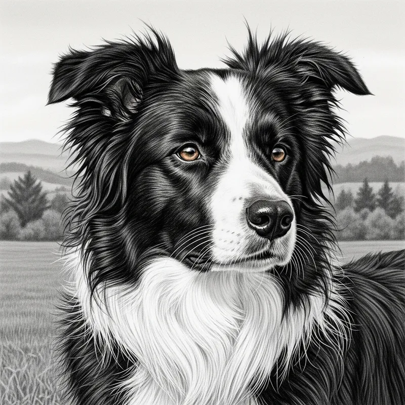 Illustration of Black and White Border Collie Dog