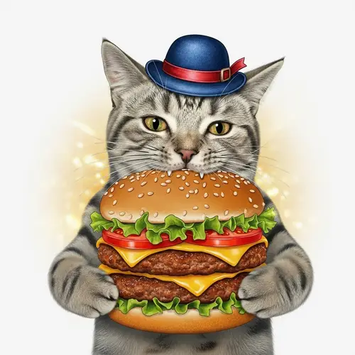Cat with Hat Enjoying Burger - Whimsical Illustration