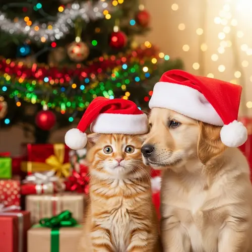 Expressive Kitten and Puppy in Christmas Hats | Warm and Playful Holiday Scene