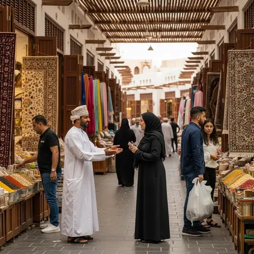 Joyful Omani Man Helping People in a Traditional Suq