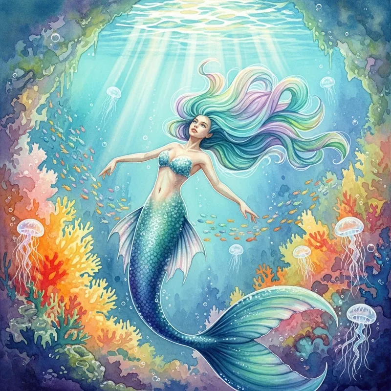 Mystical Mermaid in Dreamy Underwater Setting | Watercolor Art
