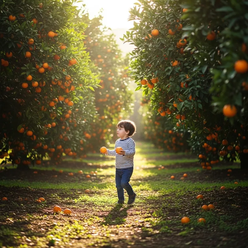 Child in Illustrated Stroll through Orange Grove | Natural Freshness Child in Illustrated Stroll through Orange Grove | Natural Freshness