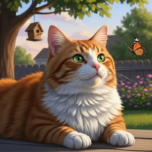 Ginger & White Cat Lounging in Verdant Garden Setting