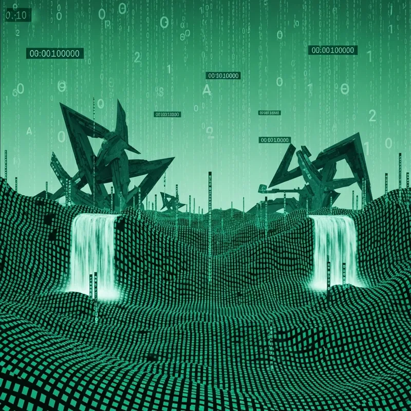 Futuristic Digital Landscape with Cascading Data Streams and Pixelated Hills