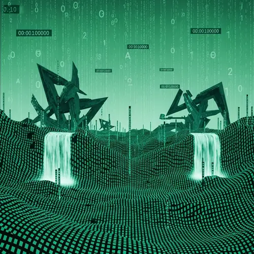 Futuristic Digital Landscape with Cascading Data Streams