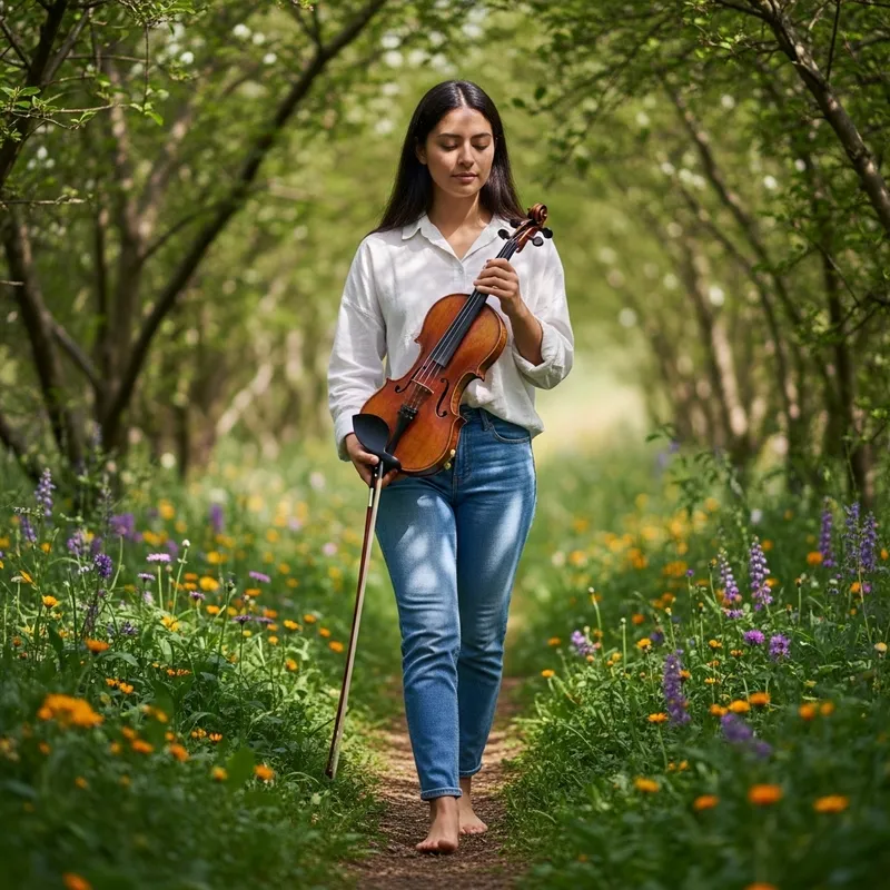 Barefoot Young Woman Playing Violin in Lush Nature