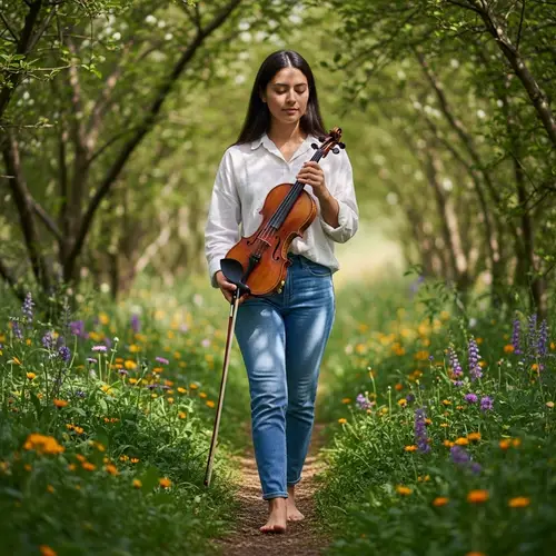 Barefoot Young Woman with Violin in Nature | Peaceful Hispanic Beauty