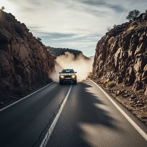 Thrilling Car Descent Down Rugged Road | Adventure Scene