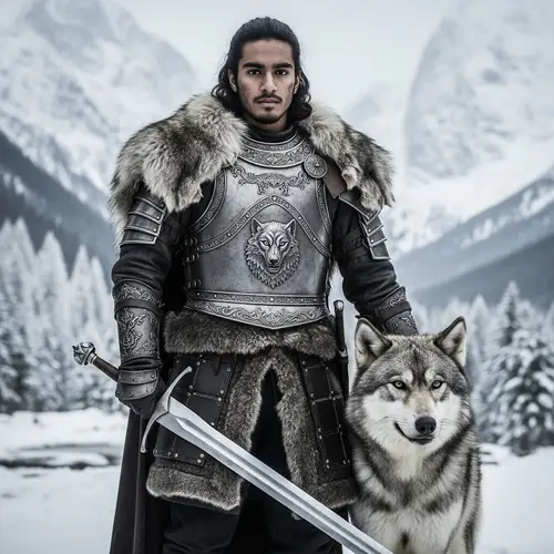 North Warrior: 17-Year-Old Male & Direwolf in Snowy Forest