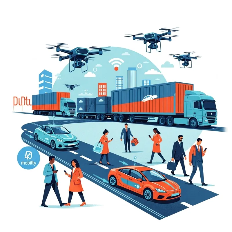 Abstract Digital Mobility Art: Drones, Electric Cars, People, Lorries