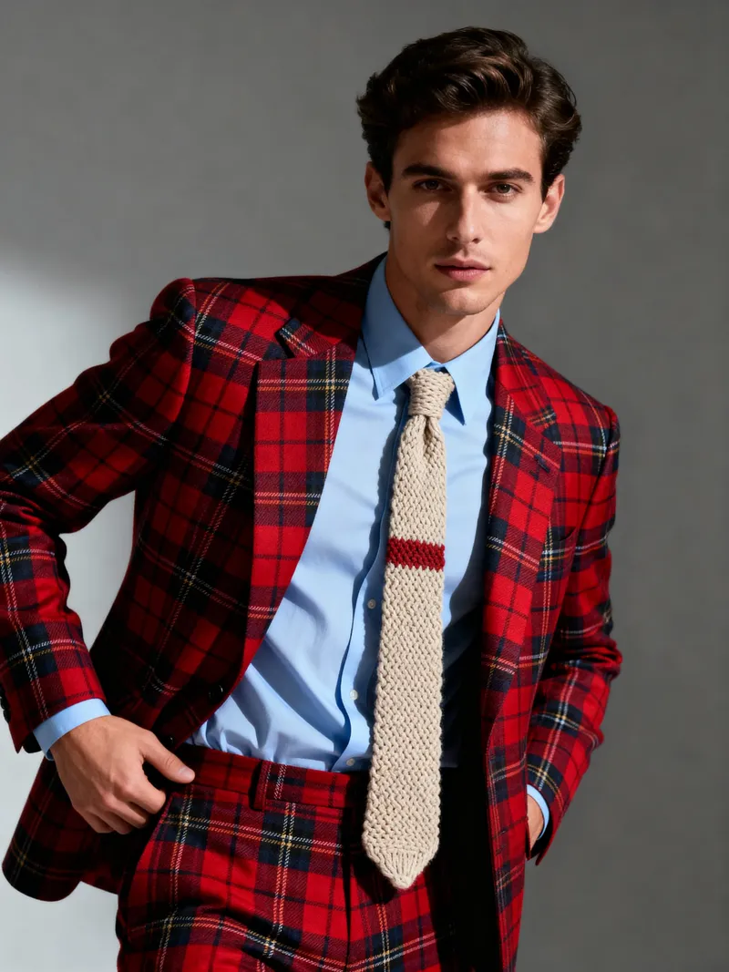 Stylish Dapper Suit: Bold Plaid Model Showcase