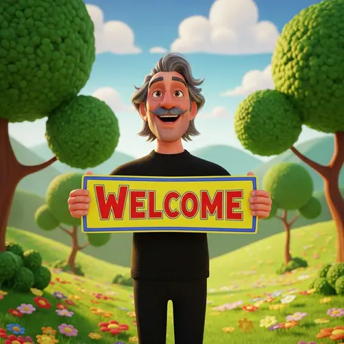 Whimsical 3D Animation of Joyous 40-Year-Old Man Holding Welcome Sign