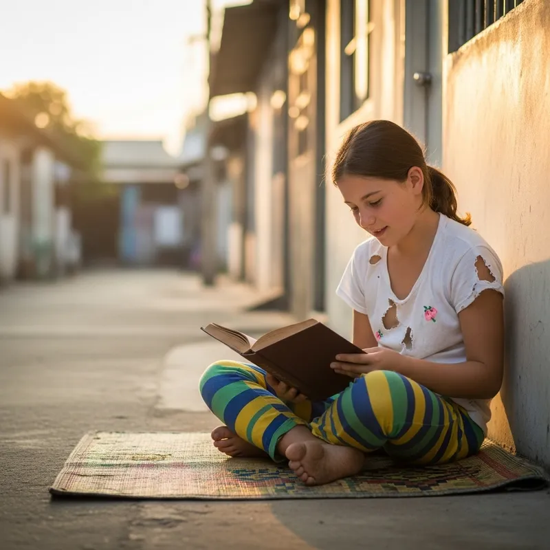 Inspiring Image of a Poor Child Immersed in a Book Outdoors