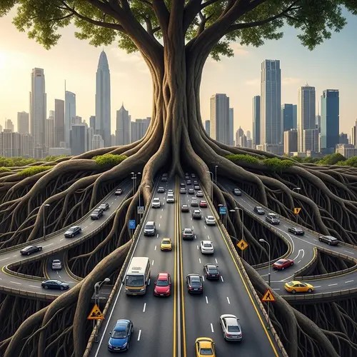 Surreal Transition: Tree Roots to City Roads
