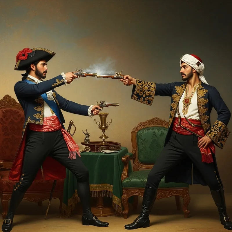 Intense Duel of Elegantly Dressed Men in Rich Oil Painting Style Intense Duel of Elegantly Dressed Men in Rich Oil Painting Style