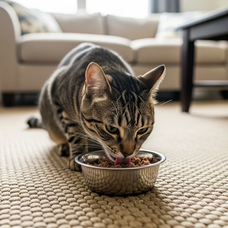 Cat Eating Cat Food on Living Room Rug