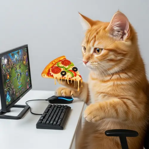 Fluffy Cat Playing Online Game While Eating Pizza - Cute Cat Gamer