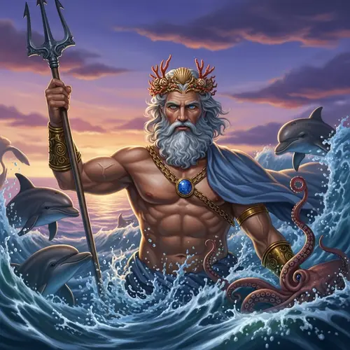 Poseidon - Greek God of the Sea Rises with Trident and Sea Creatures