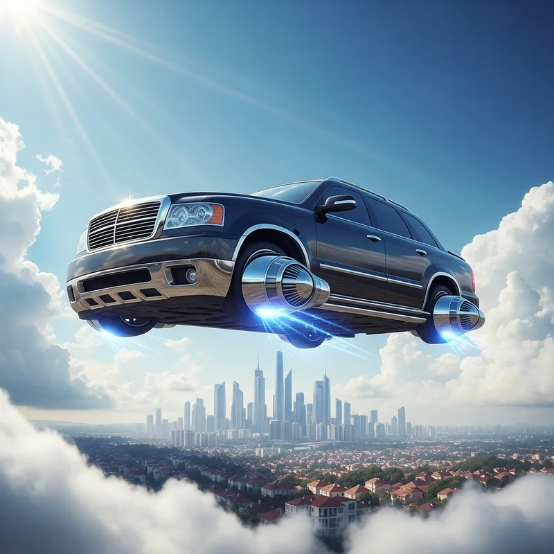 Flying Car Technology - Futuristic Cityscape View Flying Car Technology - Futuristic Cityscape View