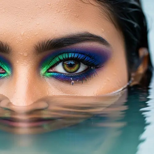 Woman with Submerged Face and Vibrant Eyeshadow in Water