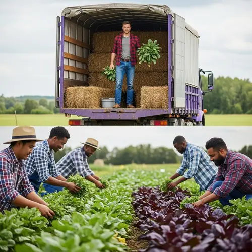 Eco-Friendly Farming Scene: Green & Purple Trucker Harvesting Crops