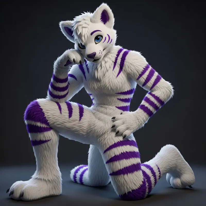 Realistic White Furry Femboy Avatar with Purple Stripes