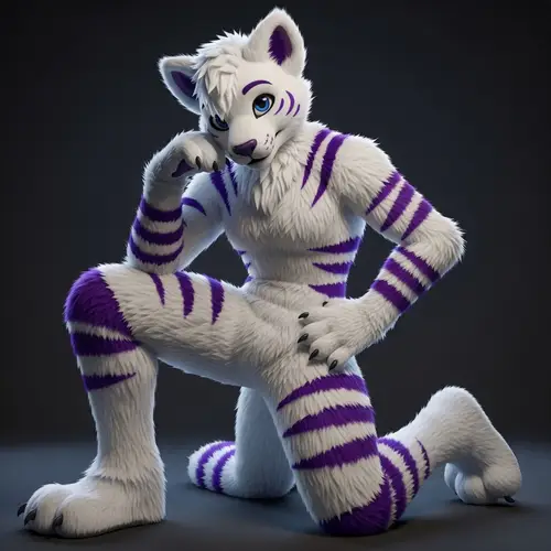 White Furry Femboy Avatar with Purple Stripes and Blue Eyes
