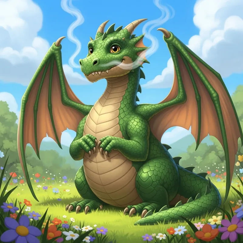Friendly Dragon in a Serene Meadow Friendly Dragon in a Serene Meadow
