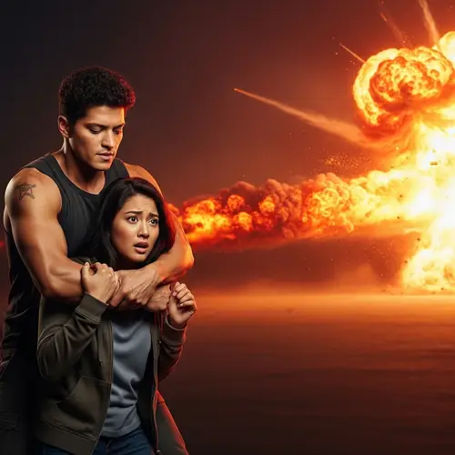 Heartfelt Intention Scene: Athletic Hispanic Man Shields Petite South Asian Woman