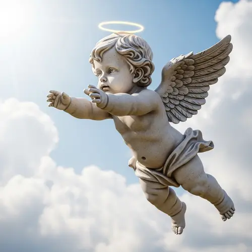 Caucasian Baby Angel with Feathered Wings in Flight