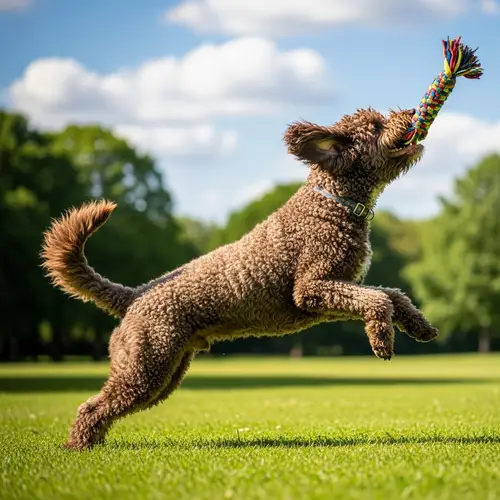 Brown Spanish Water Dog Playing in Lush Green Park