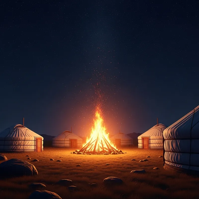 Nocturnal Bonfire among Traditional Yurts Nocturnal Bonfire among Traditional Yurts
