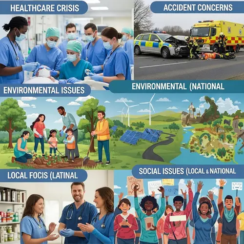 Modern Societal Challenges Collage - Healthcare, Accidents, Environmental Issues