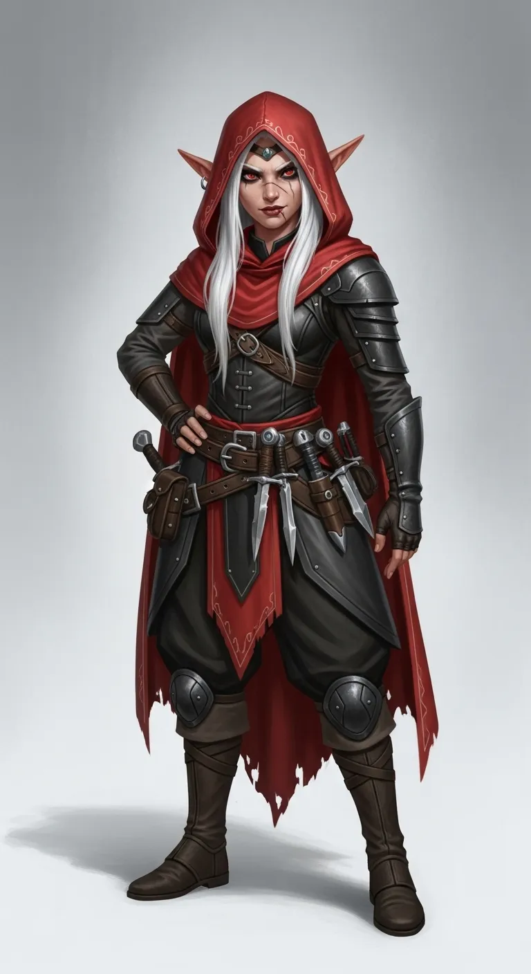 Half-Elf Rogue Girl: Disciplined & Cunning | White Hair, Black Eyes