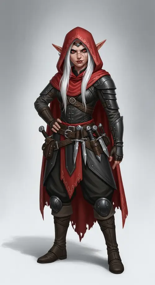 Half-Elf Rogue Girl: Disciplined & Mischevious | White Hair, Black Eyes