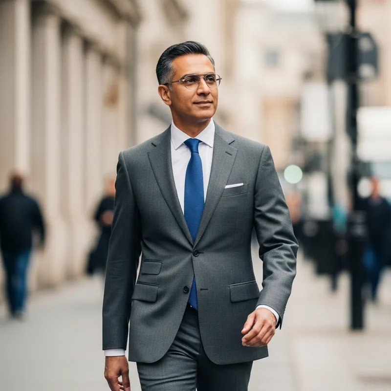 Middle-Aged South Asian Man in Sharp Suit and Glasses