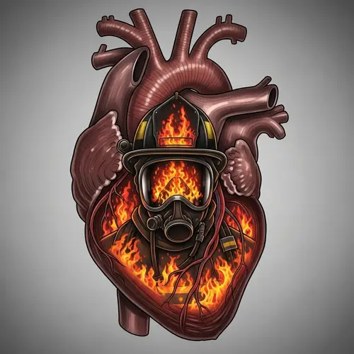 Heart Muscle Tattoo with Firefighter and Flames