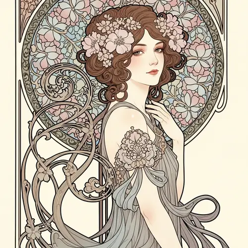 Art Nouveau Inspired Illustration with Swirling Floral Designs