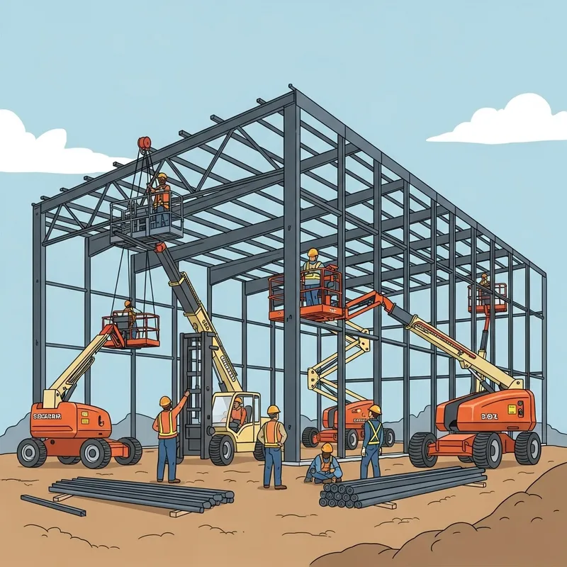 Butler Metal Building Construction Site Scenes with Engaged Workers