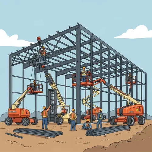 Diverse Construction Workers at Metal Building Site