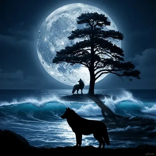 Majestic Moonlit Seascape with Wolf and Tree