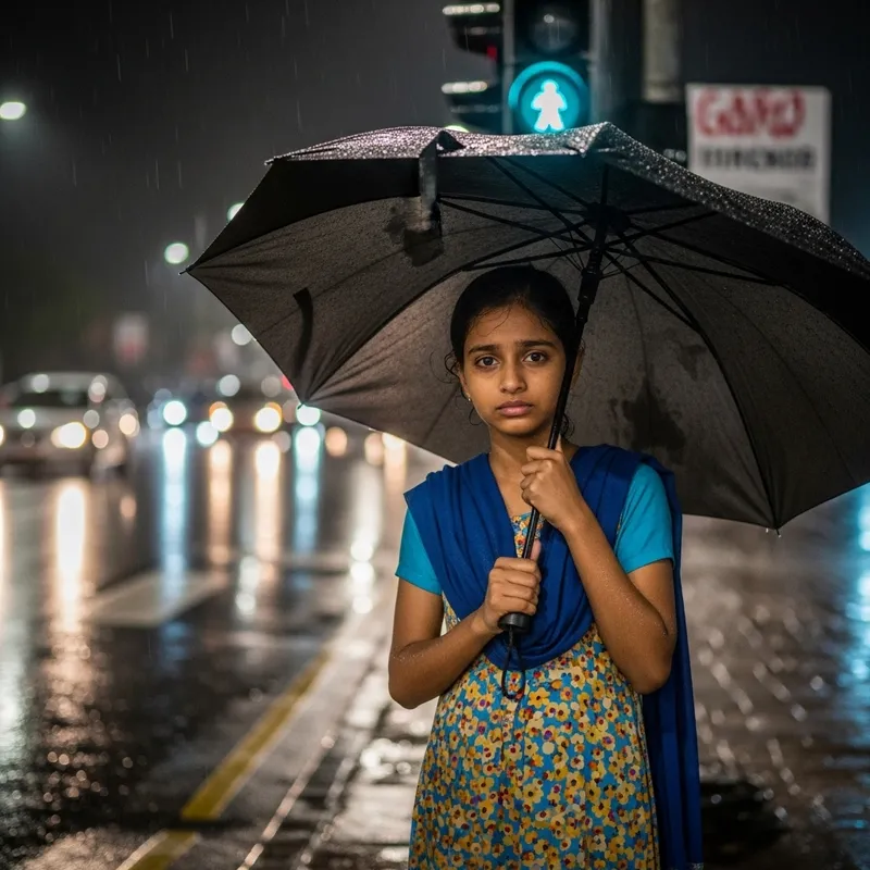 Hidden Tears: Lonely Girl Braving the Storm at Traffic Light