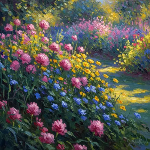 Vibrant Flower Garden, Impressionist Masterpiece