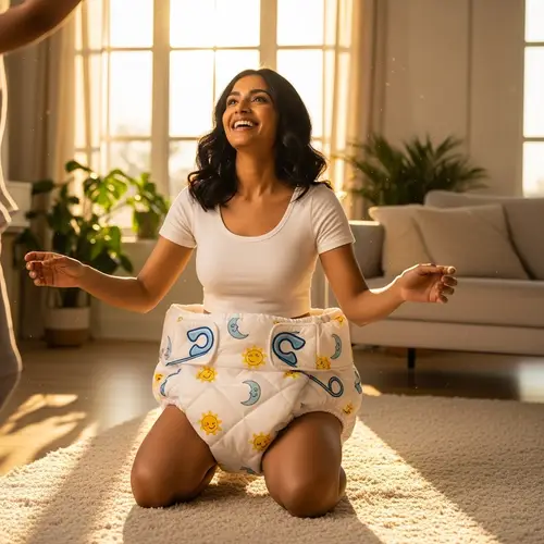 South Asian Woman Joyfully Kneeling in Well-Illuminated Room