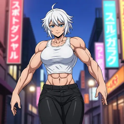 Anime Style Muscular Female Character with White Hair and Blue Eyes