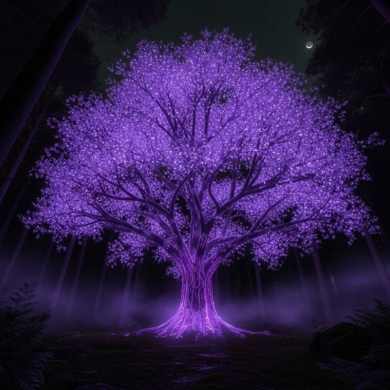 Create a Purple Bioluminescent Tree Glowing in Darkness