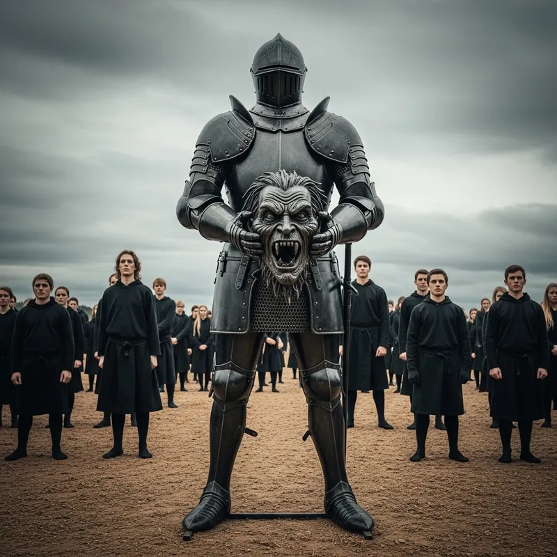 Imposing Black Iron Knight Defeating Monster - Symbolic Valor